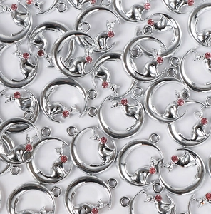 Pendentifs chat lune argentés avec strass roses pour la création de bijoux DIY
