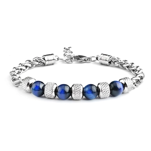 Men's adjustable stainless steel bracelet featuring natural blue tiger eye beads