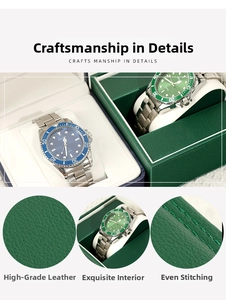 Detailed view of premium PU leather watch box stitching and soft velvet lining textures