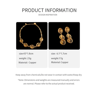 Detailed view of gold rose jewelry set including necklace and earrings with dimensions