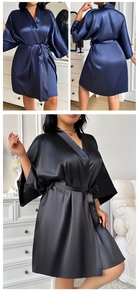 Lustrous satin robes in black and navy with a waist tie and classic V-neck design