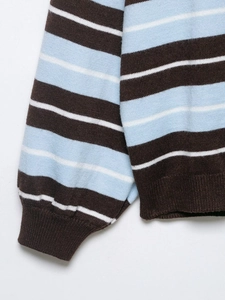 Detail of brown, blue and white striped knit sweater showing ribbed cuffs and texture