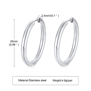 Detailed size specifications for 25mm polished stainless steel hoop earrings in silver