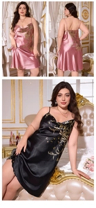 Detailed view of satin slip sleepwear featuring floral prints in pink and black colors