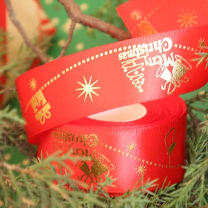 Red Christmas satin ribbon with gold bell and tree patterns for gift wrapping