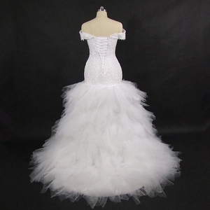 Off-shoulder mermaid wedding dress with sequin beaded bodice and tiered tulle train