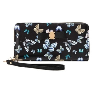 Black long wallet for women with blue butterfly prints and a bow decorative metal buckle