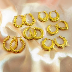 Stainless Steel Hoop Earrings 18K Gold Plated Irregular Geometric Textured Chunky Retro Fashion Jewelry For Women