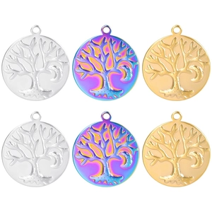 Stainless Steel Tree of Life Crescent Moon Round Pendant Necklace For Women Rainbow Gold Silver Electroplated Fashion Jewelry