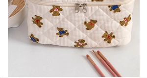 Detail of quilted bear pattern makeup bag with dual zippers and striped fabric texture