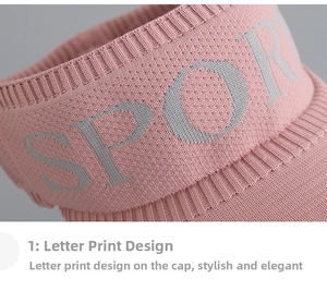 Detail of pink knitted sun visor with Sport letter printing and breathable texture