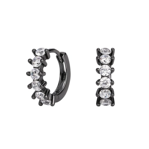 Detail of black sterling silver hoop earrings with white round micro-pave zircons