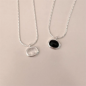 925 Sterling Silver minimalist oval necklaces with black onyx and white gemstone pendants