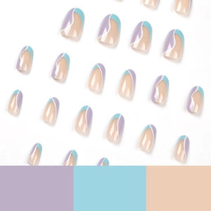 French tip press-on nails with blue and purple abstract wavy design on nude base