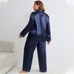 Navy blue silk-satin long sleeve pajama set with elegant white piping trim for women