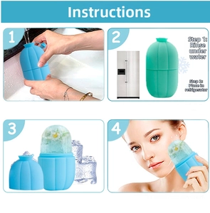 Detail showing the 4-step usage guide for silicone face ice roller with water filling process