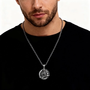 Collier Pendentif Guerrier Viking Rond Acier Inoxydable Mythologie Nordique Rétro Couleur Argent Bijoux Homme