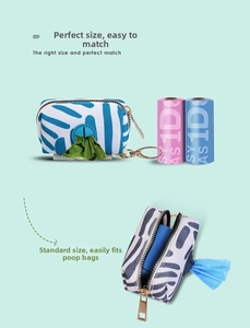 Detail of canvas zebra print waste bag dispenser with metal hook and two refill rolls