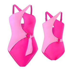 Pink two-tone cutout one-piece swimsuit for women and girls with gold ring detail