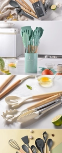 Silicone cooking utensils with wood handles and storage bucket in various colors