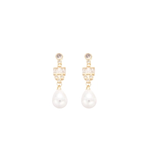 Elegant 18k gold plated drop pearl earrings with sparkling cubic zirconia on white background