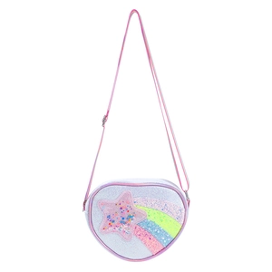 Detail of silver glitter heart bag with rainbow strap and star sequin ornament
