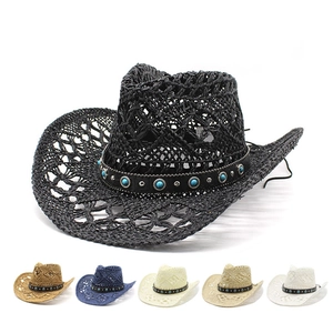 Western Cowboy Hat Hollow Out Paper Straw Sun Protection Beach Travel Vintage Ethnic Turquoise Beads Rivets