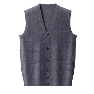 Men's dark grey V-neck knitted cardigan vest with subtle plaid pattern and pockets
