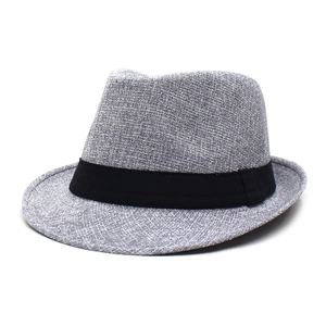 Men's casual grey jazz hat with black ribbon belt and stylish woven texture for summer