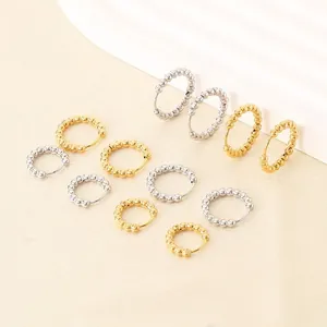 Stainless Steel Beaded Texture Hoop Earrings 18K Gold Plated Elegant Minimalist Geometric Jewelry For Women