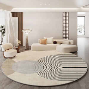 Modern minimalist round carpet with beige and grey geometric patterns for living room decor