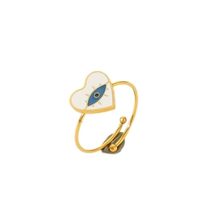 Adjustable gold titanium steel open ring with white enamel heart and evil eye charm