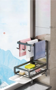 Detail view of kitchen organizer with towel bars and removable water drip tray