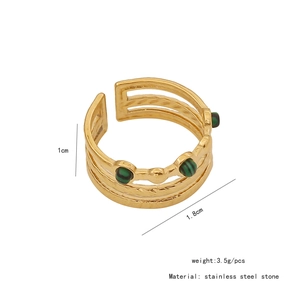 Detailed view of 1cm wide gold stainless steel ring with three green stone inlays