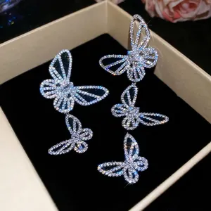 Sparkling Butterfly Asymmetrical Dangle Earrings With 925 Sterling Silver Earring Post Copper Zircon Elegant Luxury Jewelry For Women