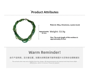 Detail specifications of multi-layer green crystal bead necklace with rhinestone accents