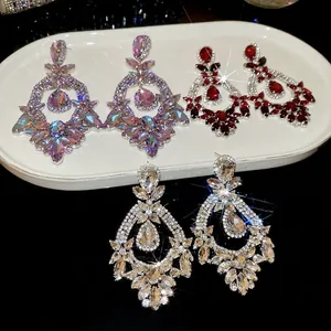 Elegant silver drop earrings with marquise-cut crystals in purple, red, and clear tones