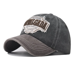 Vintage washed cotton baseball cap with bull skull embroidery and contrast brim