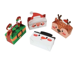 Set of four festive Christmas gift boxes featuring Santa, Reindeer, Snowman, and Elf motifs