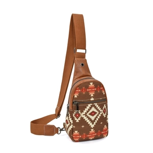 Detailed view of bohemian canvas crossbody bag with geometric patterns and PU leather trim