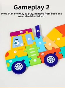 Detailed macro view of colorful numbered wooden truck puzzle for toddler learning