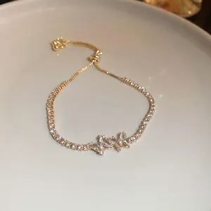 Adjustable golden zircon butterfly bracelet with sparkling Marquise cut stones for women