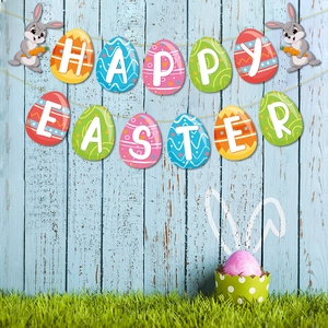 Happy Easter banner with egg-shaped cards and bunny motifs on a rustic wood background