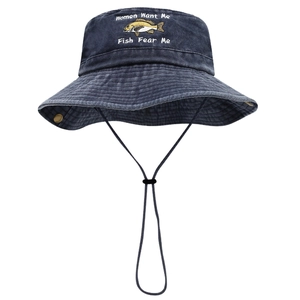 Navy blue washed cotton bucket hat with fish embroidery and adjustable chin strap