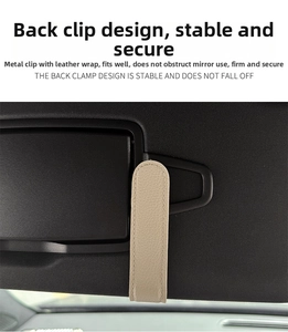 Car sun visor glasses holder in beige litchi leather showing back clip-on detail