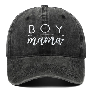 Vintage washed charcoal cotton baseball cap featuring white BOY mama embroidery