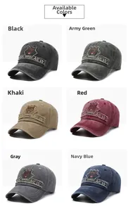 Detail view showing six colors of washed baseball caps with embroidered wolf patches
