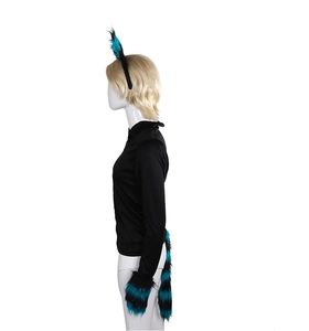 Detailed side view of blue and black faux fur cosplay animal ears, gloves, and tail set