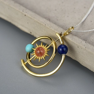 Solar system necklace with natural stone orbits and S925 silver gold-plated pendant