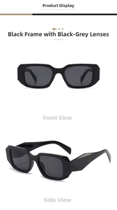 Detail view of bold square black sunglasses showing front and side profile with dark grey lens